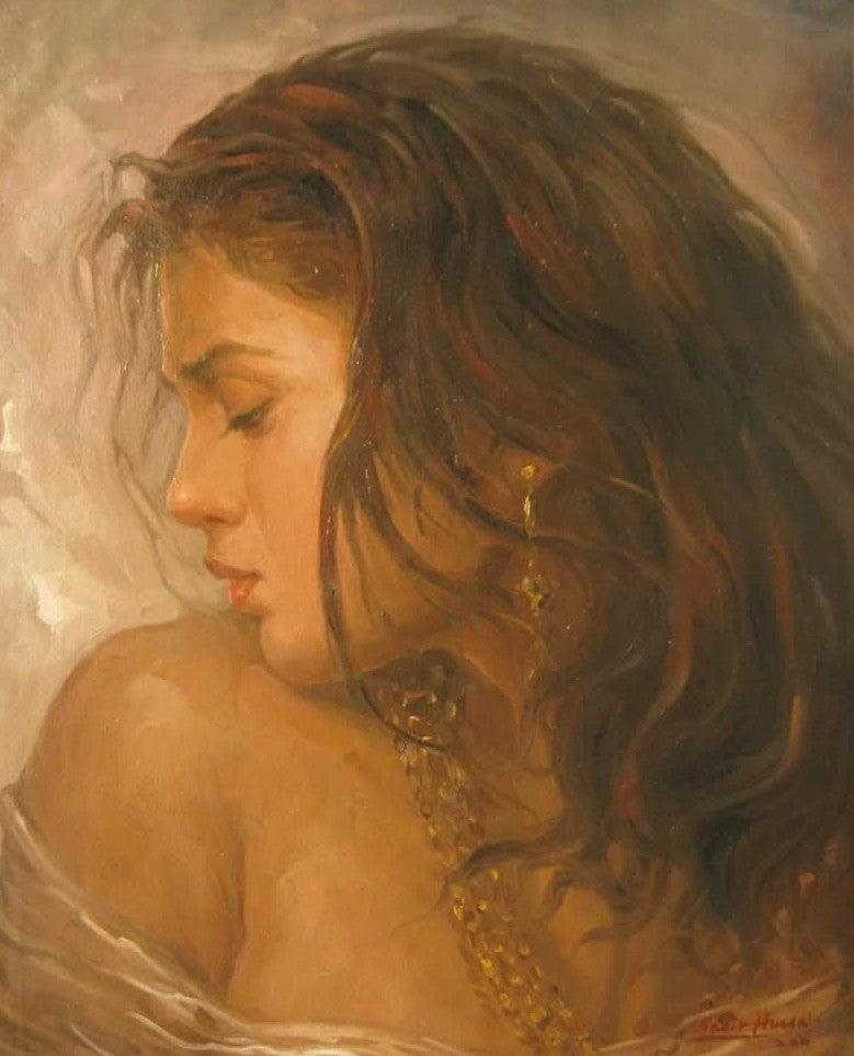 Portrait oil painting titled 'Beauty 2', 21x17 inches, by artist Sabir Hussain on Canvas