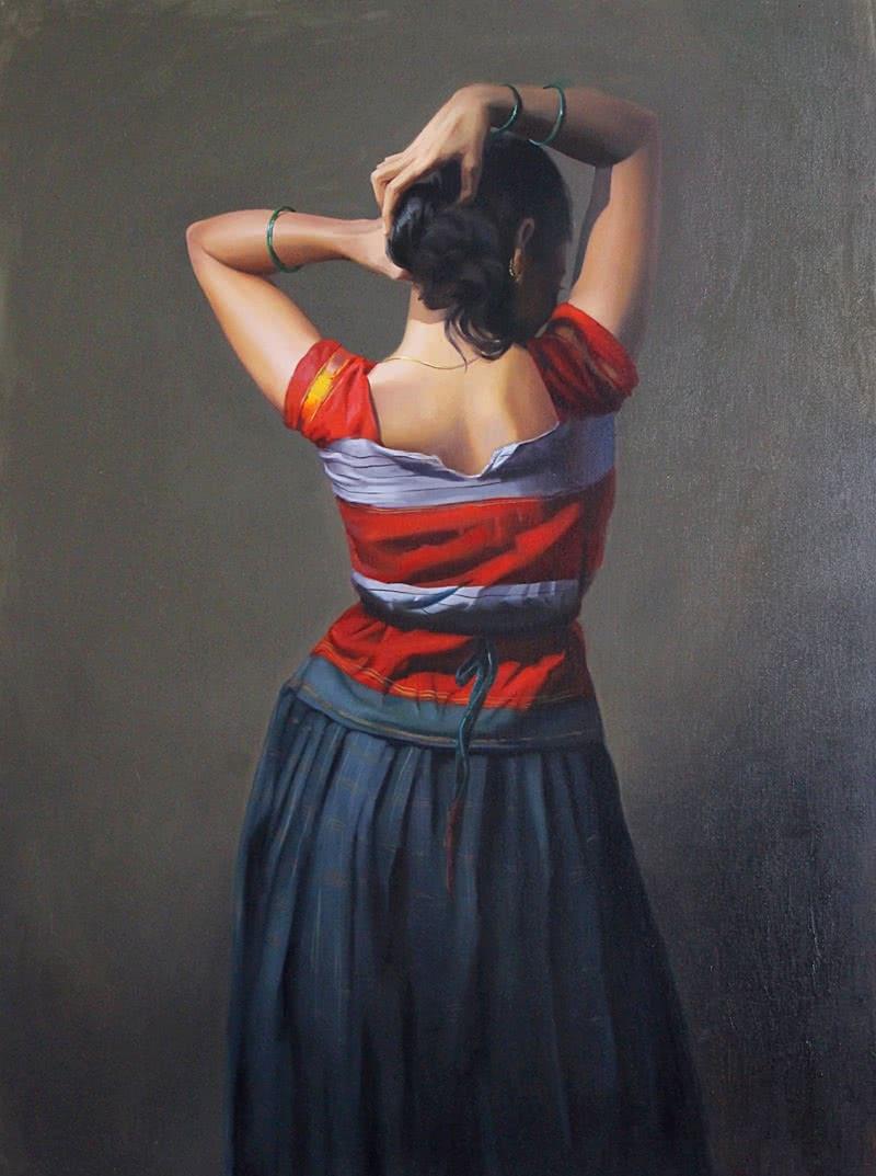 Figurative oil painting titled 'Beauty', 38x28 inches, by artist Mahesh Soundatte on Canvas