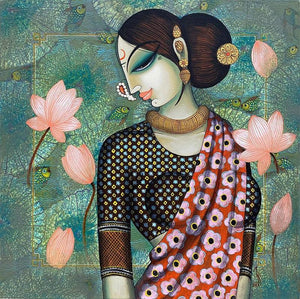 Figurative acrylic painting titled 'Beauty', 24x24 inches, by artist Varsha Kharatamal on Canvas