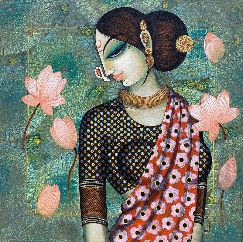 Figurative acrylic painting titled 'Beauty', 24x24 inches, by artist Varsha Kharatamal on Canvas