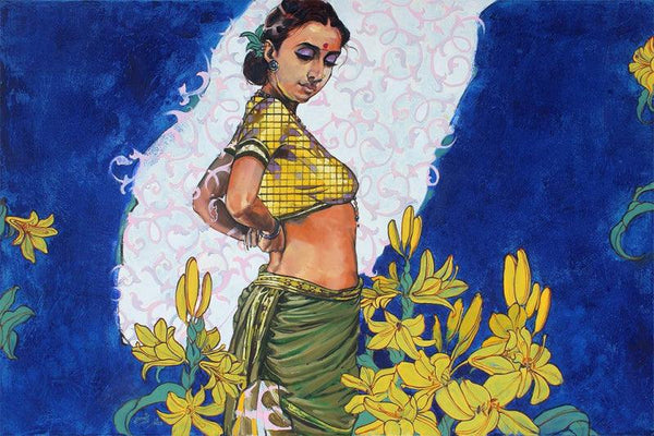 Beauty With Yellow Flowers Painting by Ramchandra Kharatmal | ArtZolo.com
