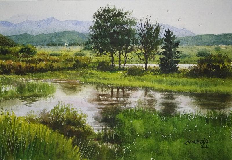 Landscape watercolor painting titled 'Beauty of Nature', 12x8 inches, by artist Niketan Bhalerao on Paper