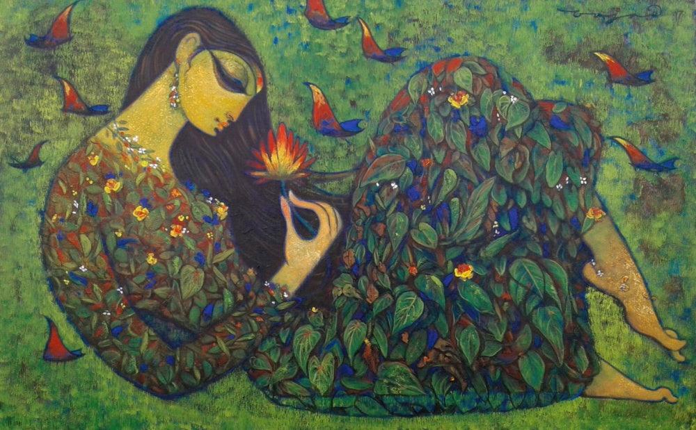 Figurative acrylic painting titled 'Beauty of Nature', 30x48 inches, by artist Ramesh Gujar on Canvas