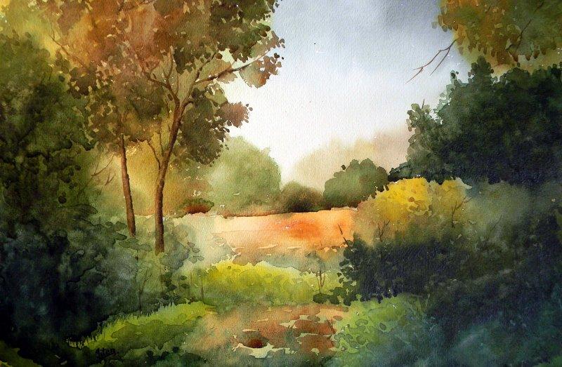 Landscape watercolor painting titled 'Beauty of nature', 14x21 inches, by artist Jitendra Sule on Handmade Paper