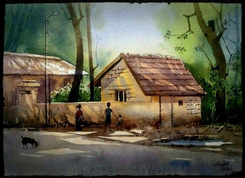 Landscape watercolor painting titled 'Beauty of village 2', 16x12 inches, by artist Sohel Sayyad on paper