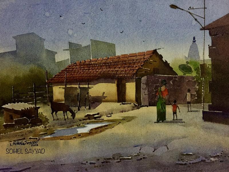 Landscape watercolor painting titled 'Beauty of village', 16x22 inches, by artist Sohel Sayyad on paper
