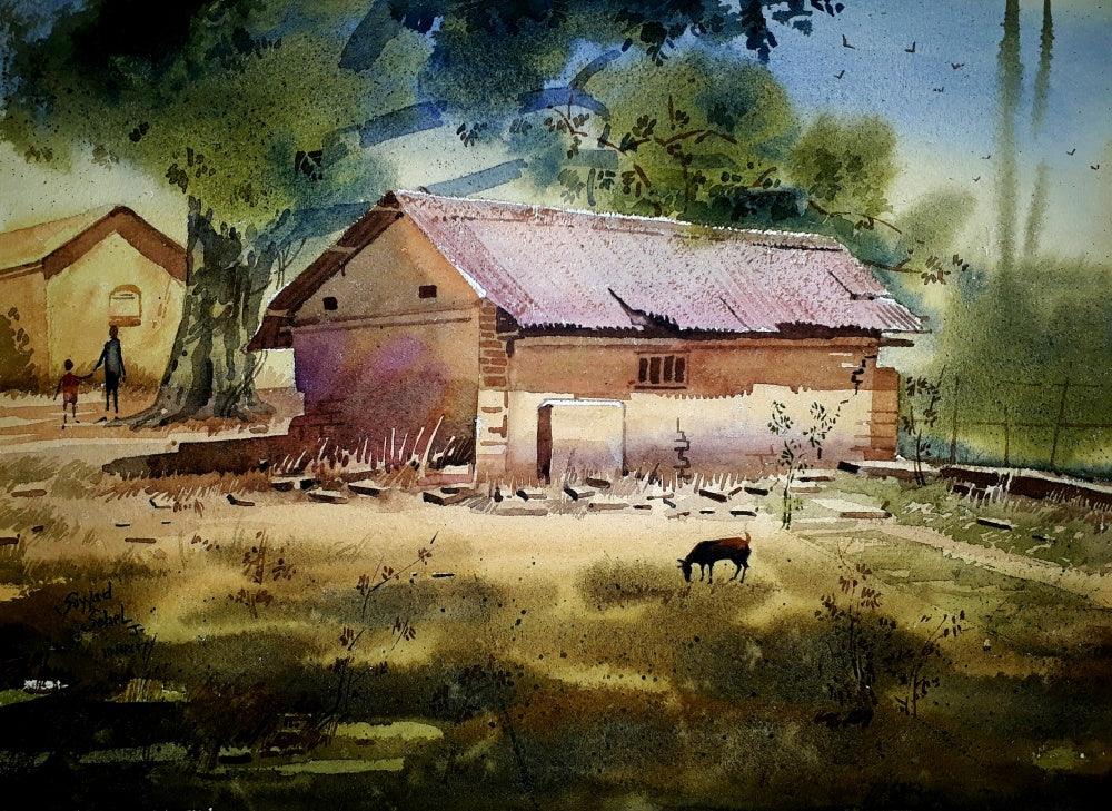 Landscape watercolor painting titled 'Beauty of village', 12x16 inches, by artist Sohel Sayyad on paper