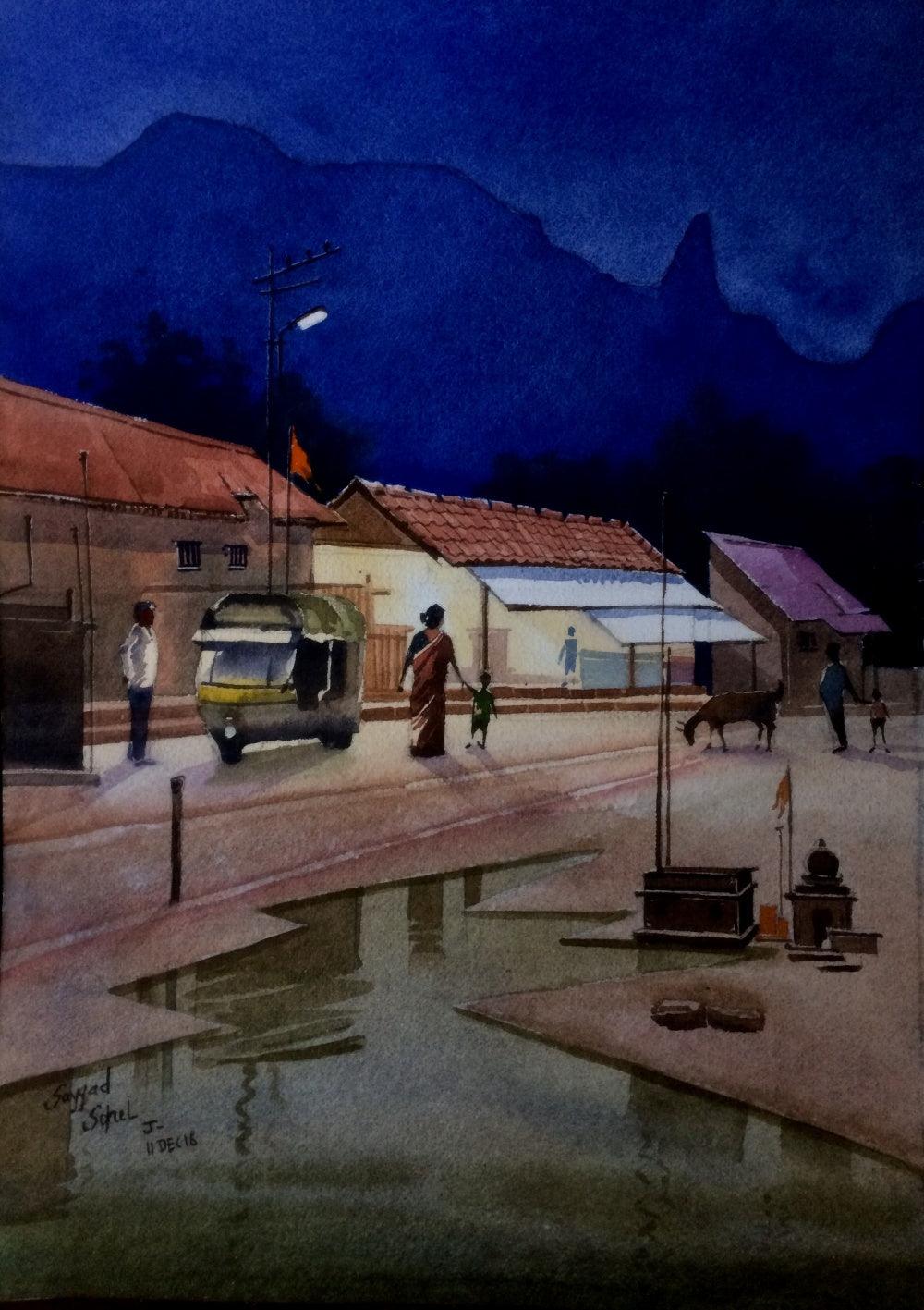 Landscape watercolor painting titled 'Beauty of village', 12x16 inches, by artist Sohel Sayyad on paper