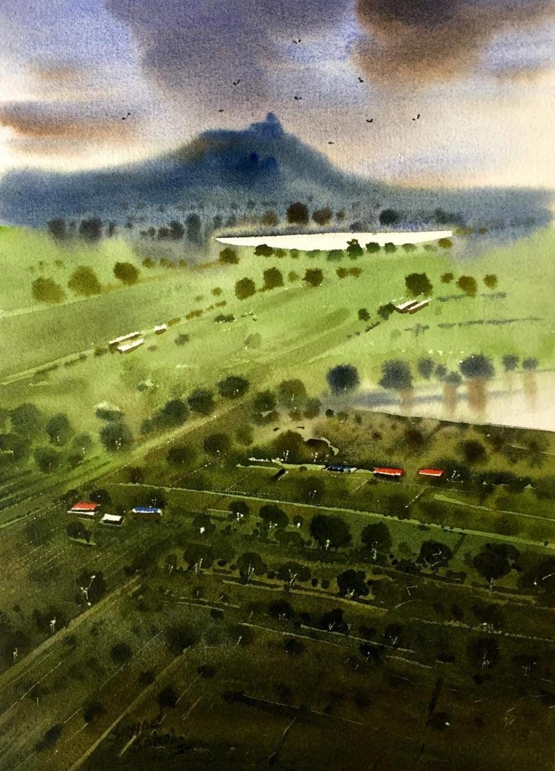 Landscape watercolor painting titled 'Beauty of village', 12x16 inches, by artist Sohel Sayyad on Paper