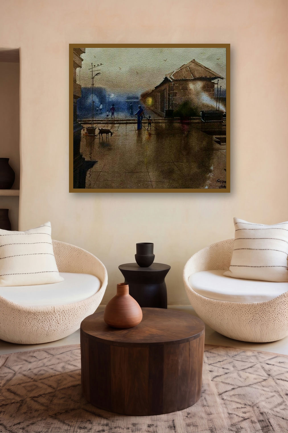 Beauty Of Village (A Cityscape in the Rain) by artist Sohel Sayyad displayed in a Contemporary Exhibition gallery