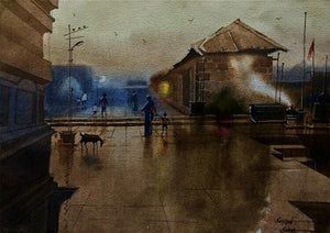 Beauty Of Village (A Cityscape in the Rain) by Sohel Sayyad, Original Watercolor Landscape Painting on Paper, Small Horizontal Wall Art