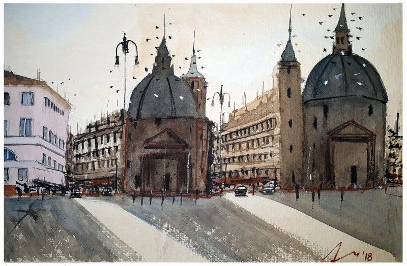 Cityscape watercolor painting titled 'Belgrade Serbia', 7x11 inches, by artist Arunava Ray on Paper