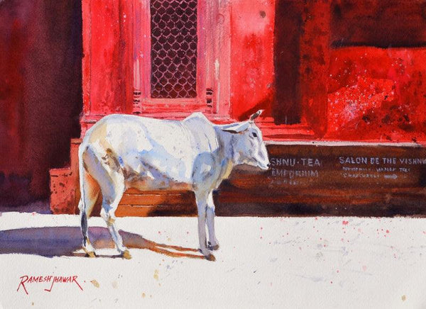 Benares Cow Painting by Ramesh Jhawar | ArtZolo.com