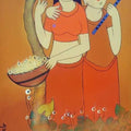 Figurative acrylic painting titled 'Best Friends', 48x24 inches, by artist Dnyaneshwar Bembade on Canvas