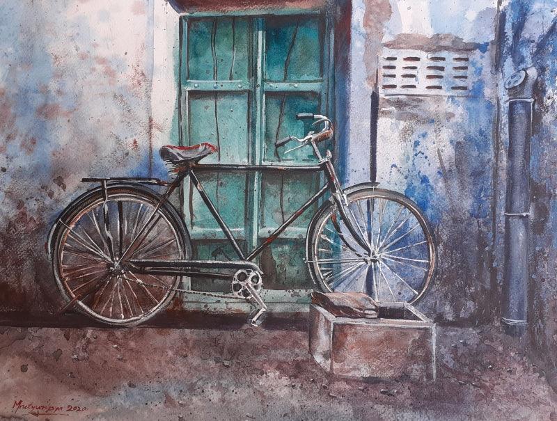 Landscape watercolor painting titled 'BiCycle in Jodhpur', 16x12 inches, by artist Mrutyunjaya Dash on paper