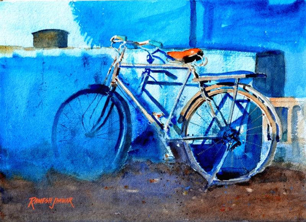 Bicycle By The Blue Wall Painting by Ramesh Jhawar | ArtZolo.com