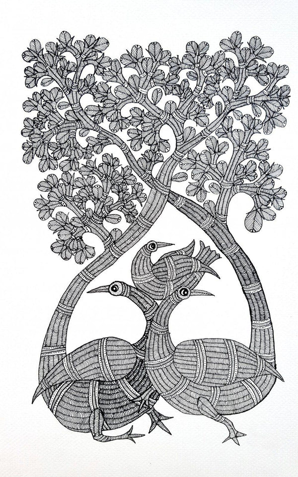 Bird Family Under The Sal Tree Gond Art Traditional Art by Chitrakant Shyam | ArtZolo.com