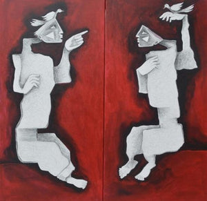 Figurative acrylic painting titled 'Bird Lovers', 48x48 inches, by artist Amit Rajvanshi on Canvas