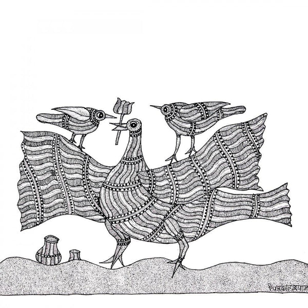 Bird With Trident Gond Art Traditional Art by Chitrakant Shyam | ArtZolo.com