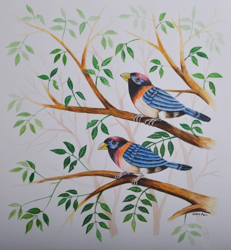 Animals watercolor painting titled 'Birds 227', 14x13 inches, by artist Santosh Patil on paper