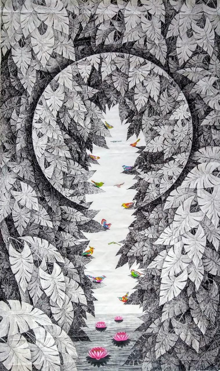 Animals pen ink drawing titled 'Birds 3', 60x36 inches, by artist Umakant Kanade on Canvas