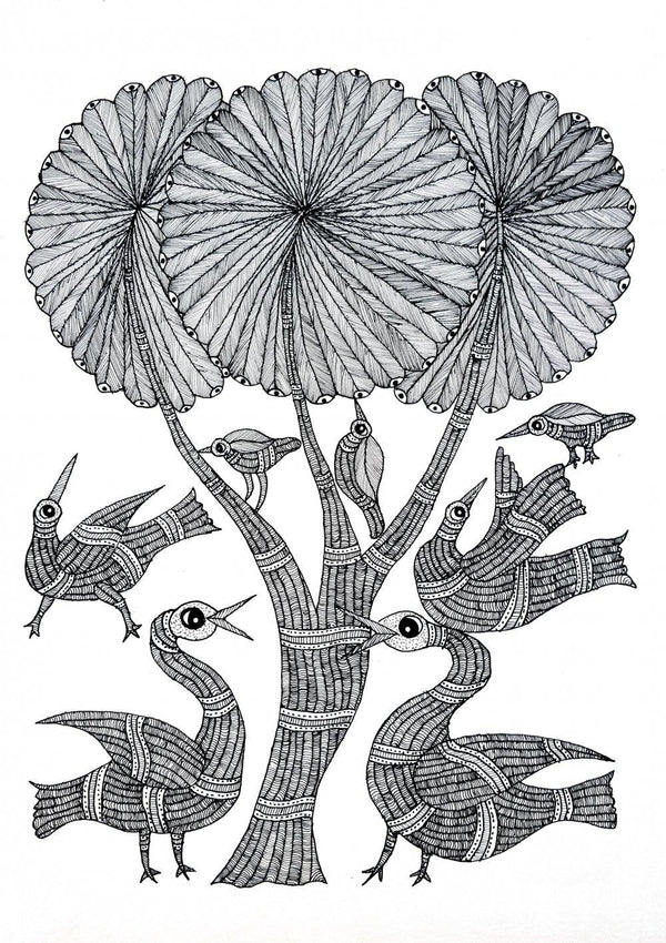 Birds Of The Coconut Palm Gond Art Traditional Art by Chitrakant Shyam | ArtZolo.com
