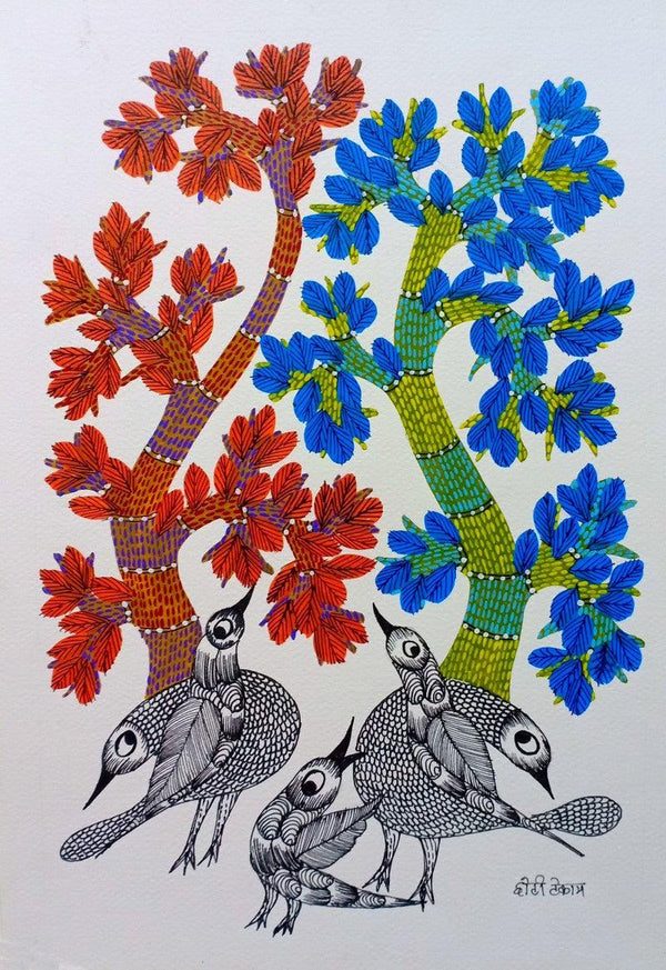 Birds Under The Tree 1 Traditional Art by Choti Gond Artist | ArtZolo.com
