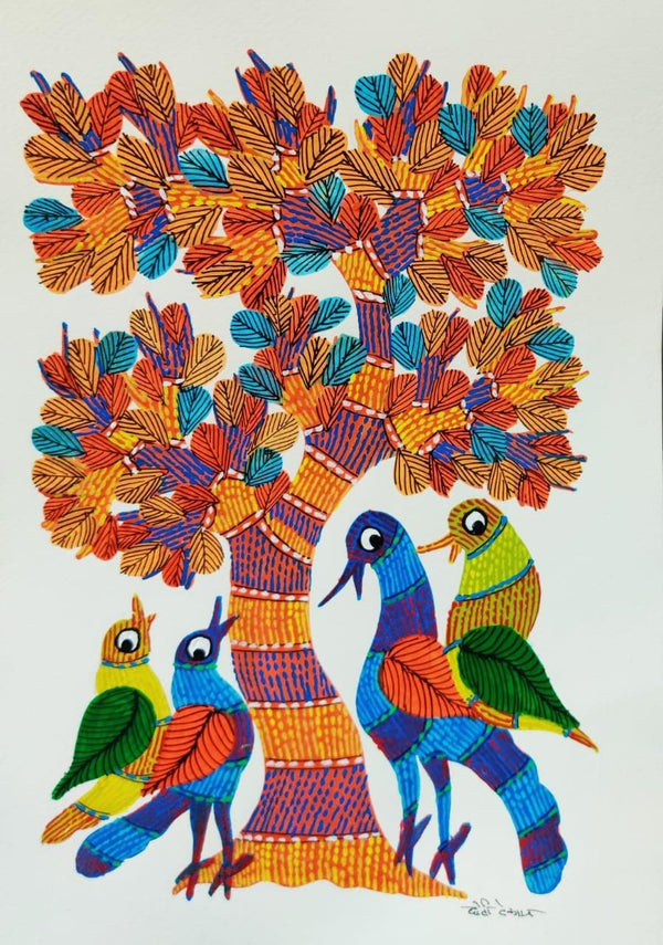 Birds Under The Tree 1 Traditional Art by Choti Gond Artist | ArtZolo.com