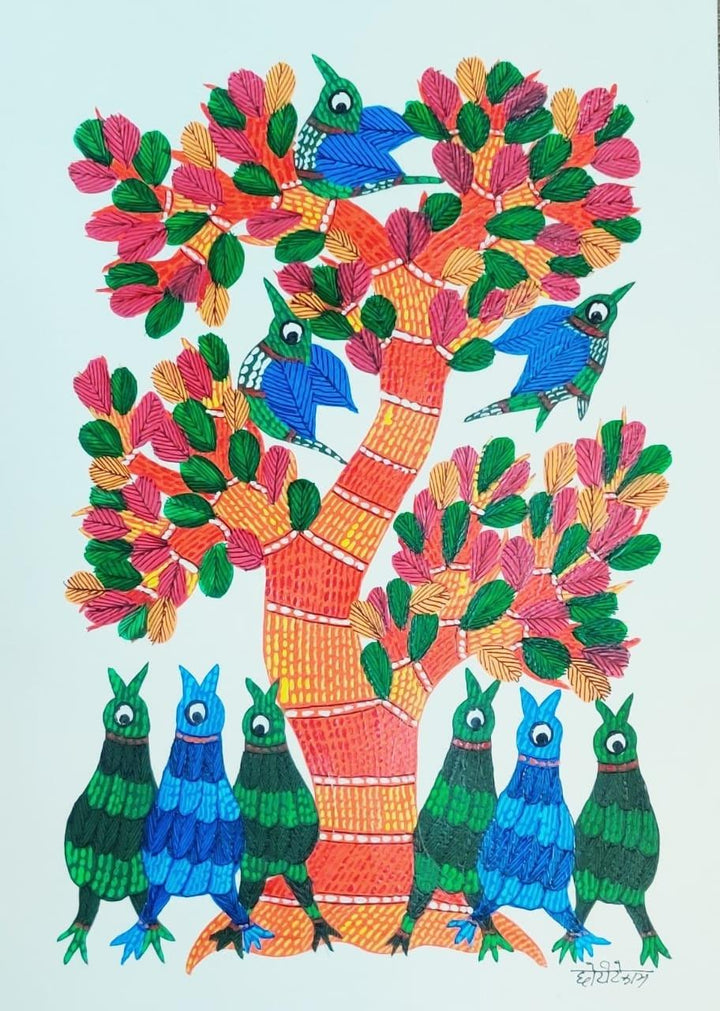 Birds Under The Tree 4 Traditional Art by Choti Gond Artist | ArtZolo.com