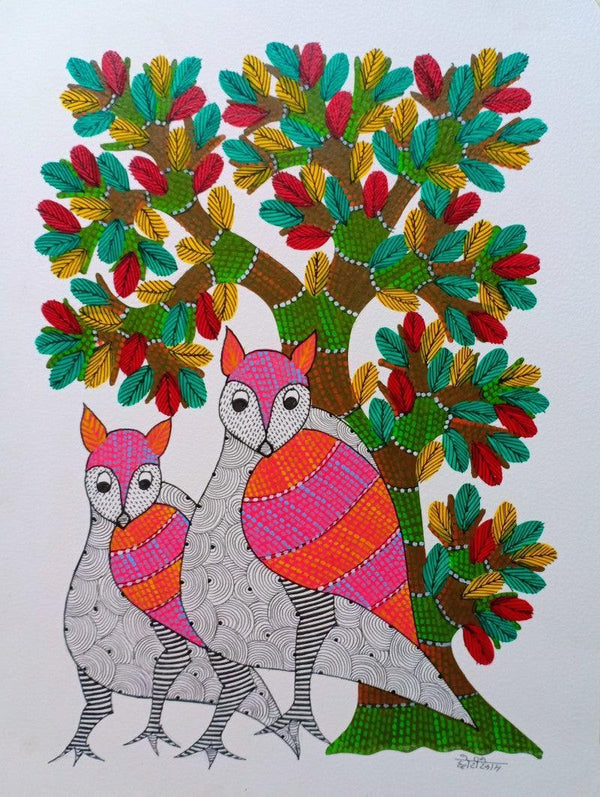 Birds Under The Tree 6 Traditional Art by Choti Gond Artist | ArtZolo.com