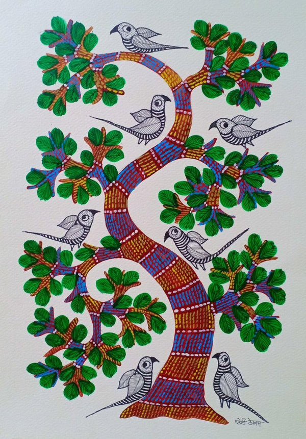 Birds Under The Tree Traditional Art by Choti Gond Artist | ArtZolo.com