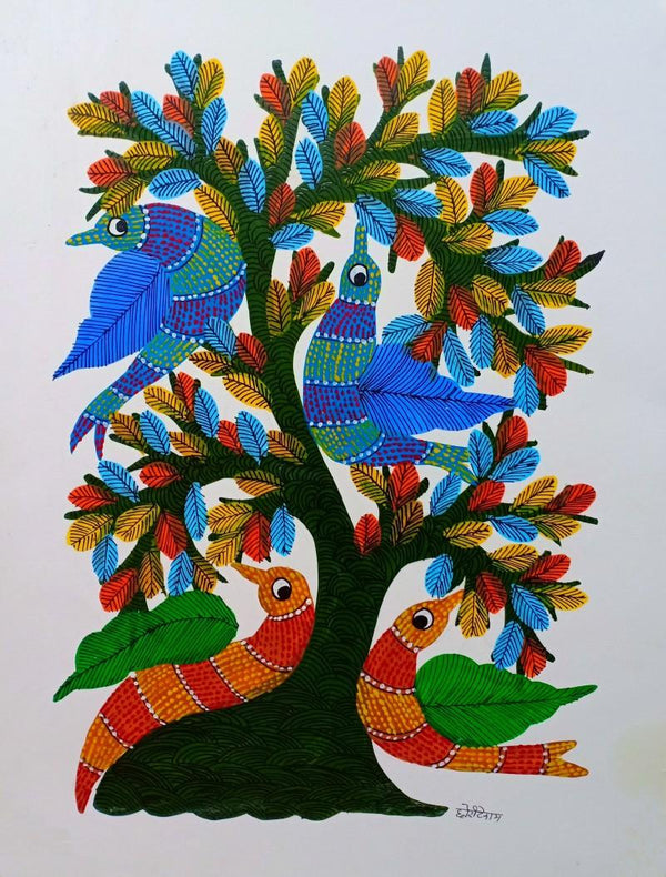 Birds Under Tree 7 Traditional Art by Choti Gond Artist | ArtZolo.com