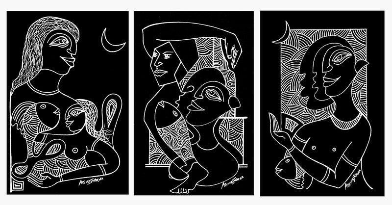 Figurative pen drawing titled 'Black And White', 6x10 inches, by artist Arvind Sharma on Mount Board