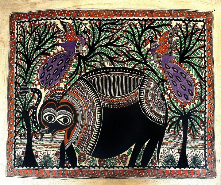 Black Elephant Traditional Art by Chano Devi | ArtZolo.com