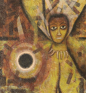 Figurative tempera painting titled 'Black Moon', 24x22 inches, by artist Sudip Das on Canvas Board