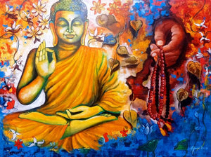 Religious acrylic painting titled 'Blessing Buddha', 36x48 inches, by artist Arjun Das on Canvas