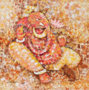 Bliss (Golden Ganesha) by Sarang Singla, Original Acrylic Religious Painting on Canvas, Medium Square Wall Art