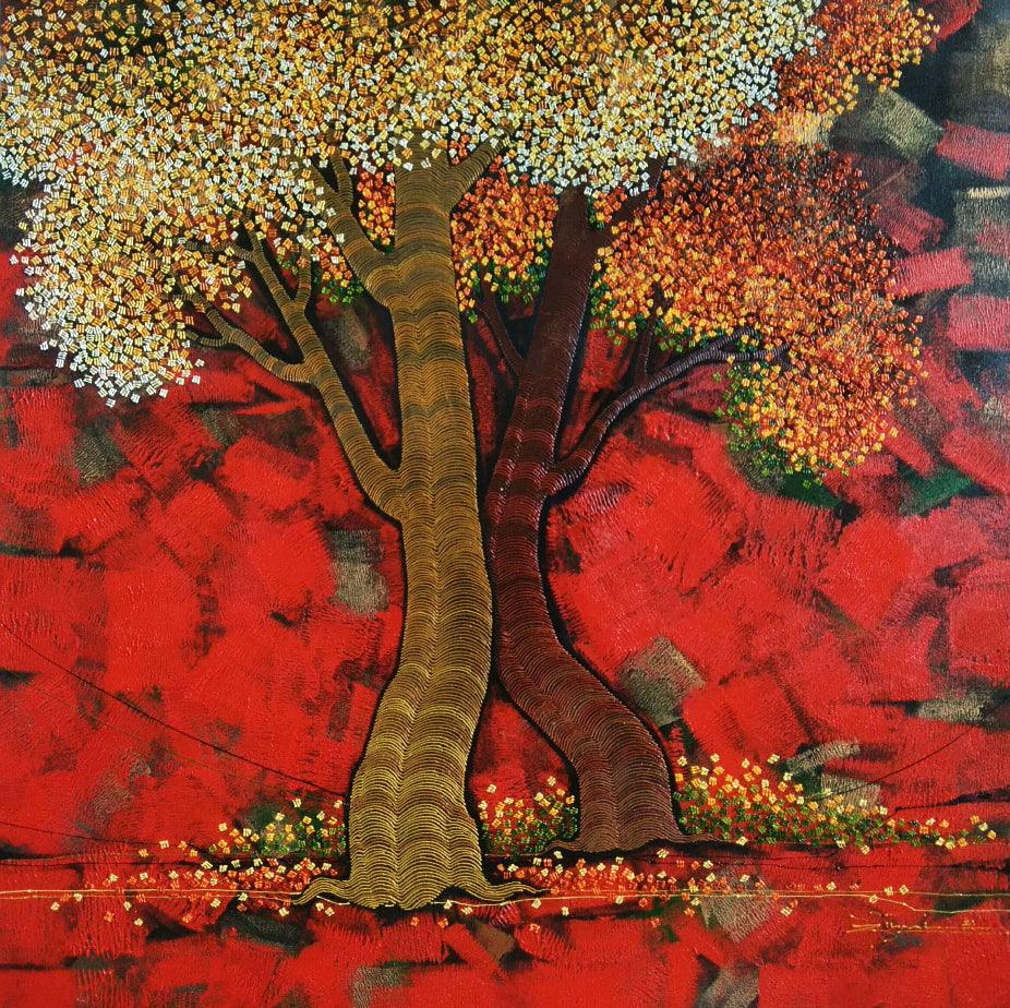 Nature acrylic painting titled 'Blossom', 36x36 inches, by artist Rahul Dangat on Canvas