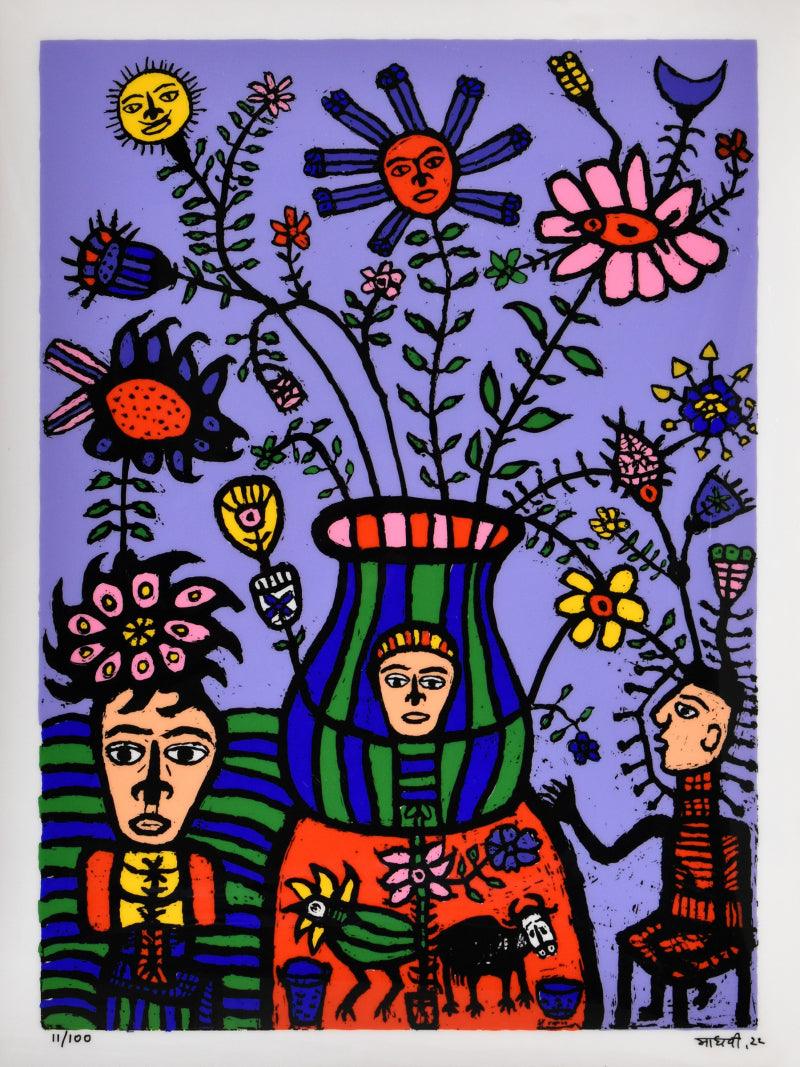 Figurative reverse serigraph painting titled 'Blossom', 32x24 inches, by artist Madhvi Parekh on Acrylic