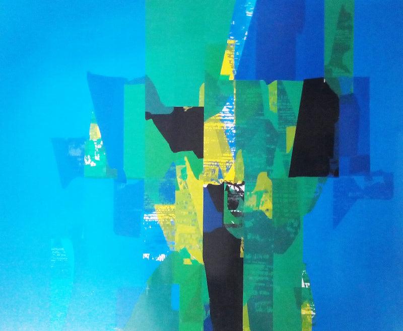 Abstract mixed media painting titled 'Blue', 38x44 inches, by artist Gajanan Kabade on Synthic Board