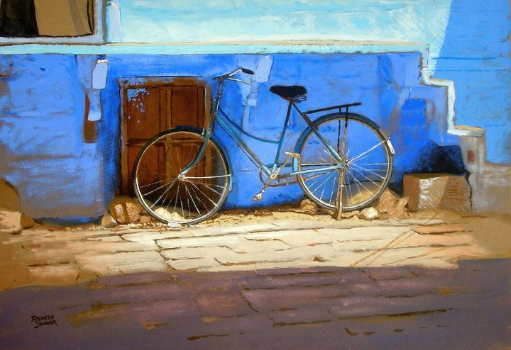 Blue Bicycle Painting by Ramesh Jhawar | ArtZolo.com