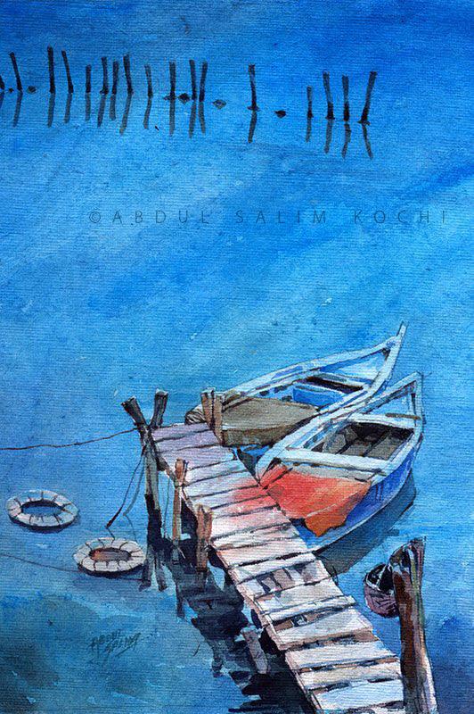 Blue Boats Painting by Abdul Salim | ArtZolo.com