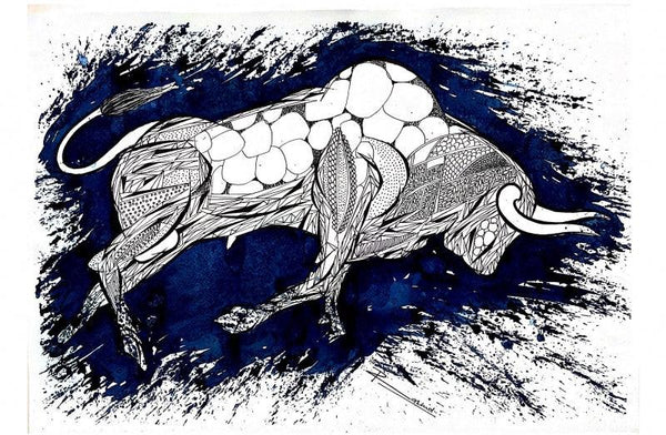 Blue Bull Series 6 Drawing by Rashid Ahamad | ArtZolo.com