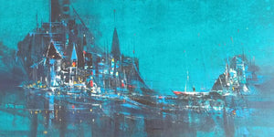 Cityscape acrylic painting titled 'Blue City', 48x24 inches, by artist Dnyaneshwar Dhavale on Canvas