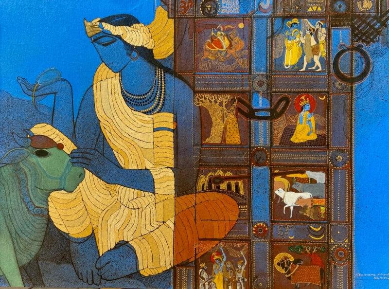 Figurative acrylic painting titled 'Blue Door 2', 36x48 inches, by artist Siddharth Shingade on Canvas
