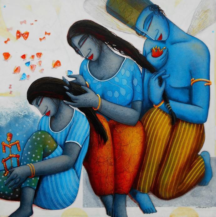 Blue Love Family Painting by Samir Sarkar | ArtZolo.com