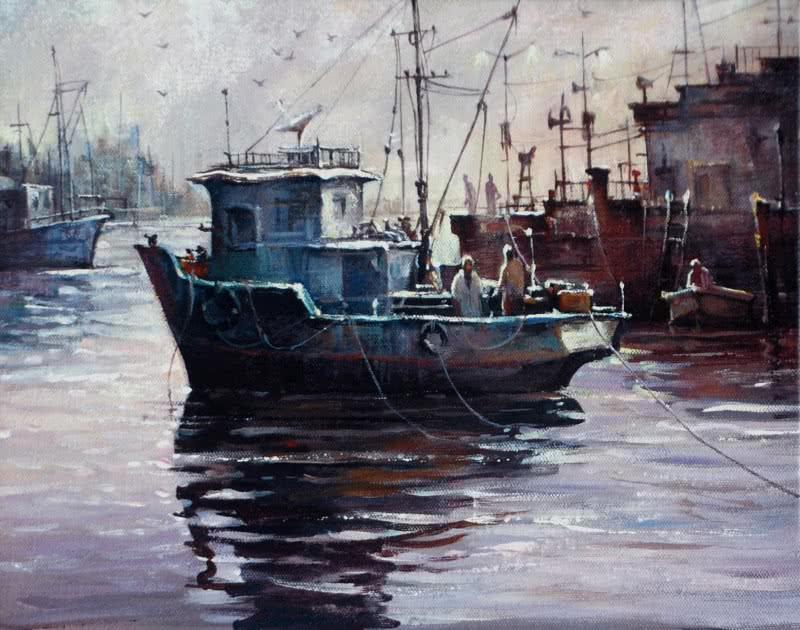 Seascape acrylic painting titled 'Boat 2', 10x14 inches, by artist Shuvendu Sarkar on Canvas