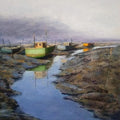 Seascape oil painting titled 'Boat 2', 16x14 inches, by artist Uday Farat on Mountboard