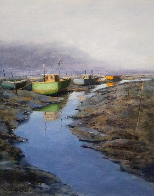 Seascape oil painting titled 'Boat 2', 16x14 inches, by artist Uday Farat on Mountboard