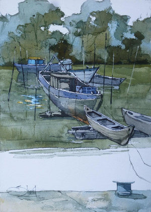 Seascape watercolor painting titled 'Boat 2', 10x14 inches, by artist Sharad Tawade on Paper